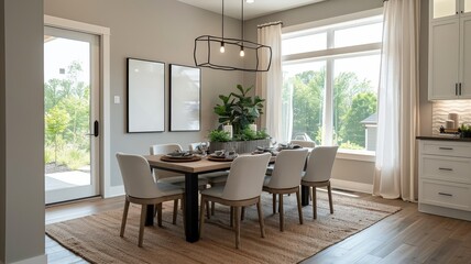A sophisticated dining room with a dark-hued circle pattern on the accent wall.
