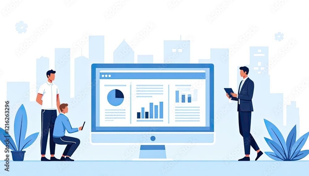 Poster business team analyzing data on a large computer screen