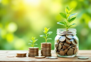 Arrangement of a glass jar full of coins and two coins stacks with growing young plants on top against green natural light background