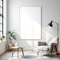 Modern living room with a grey chair, a wooden table, adorned with lamp and potted plant, a blank white picture frame on white wall, natural light through glass window, interior home decoration