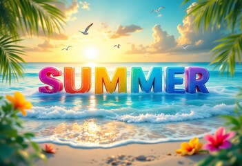 Fototapeta premium Tropical summer beach scene with colorful 3d text 