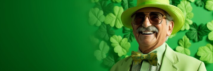 Cheerful elderly man in green attire with clover hat and sunglasses, enjoying a festive day outdoors
