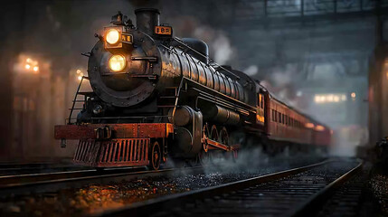 Obraz premium vintage steam locomotive in railway museum, surrounded by atmospheric lighting and smoke, evokes nostalgia and history