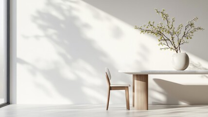 Spacious dining room with eye-catching centerpiece and soft shadows.