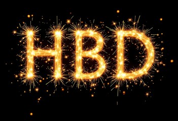 "HBD" text written by golden sparklers on black background	