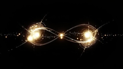 A digital representation of quantum entanglement, with interconnected particles glowing in a dark space. Blank background with room for copy.