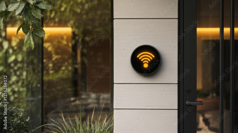 Poster a digital smart lock on a modern front door with wireless connection symbol glowing. clean backgroun
