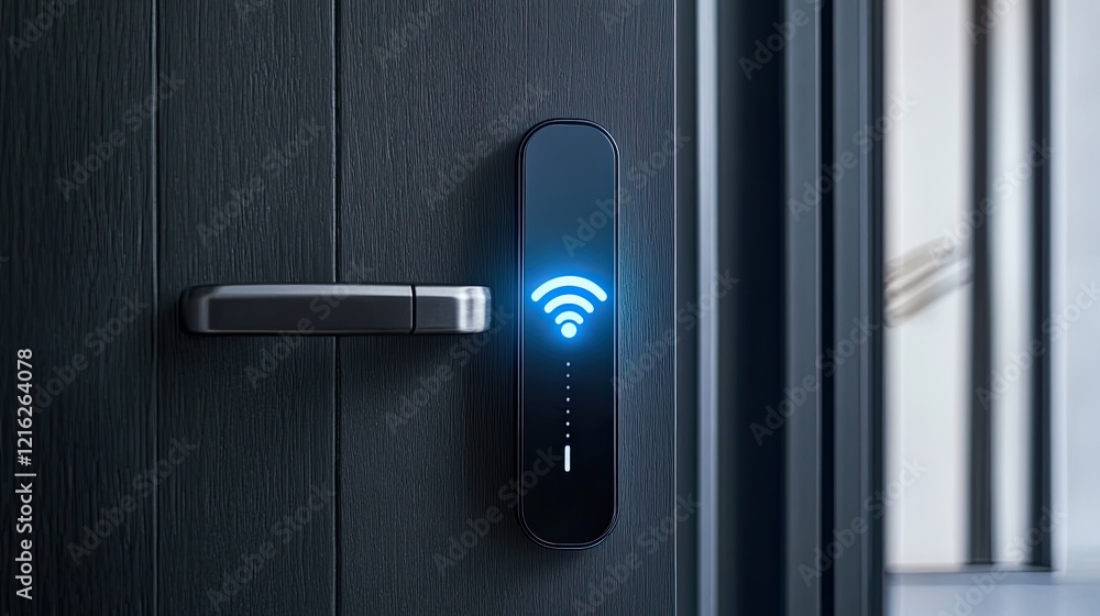 Poster a digital smart lock on a modern front door with wireless connection symbol glowing. clean backgroun