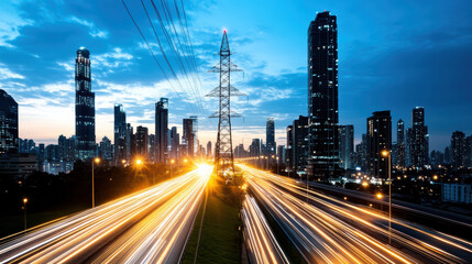 Fototapeta premium Urban infrastructure with smart energy grids and city skyline at dusk