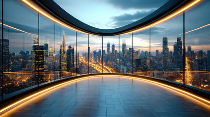 Fototapeta premium Modern urban skyline view from stylish glass walled room at dusk