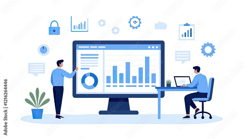 Poster two businessmen analyzing data on a large computer screen