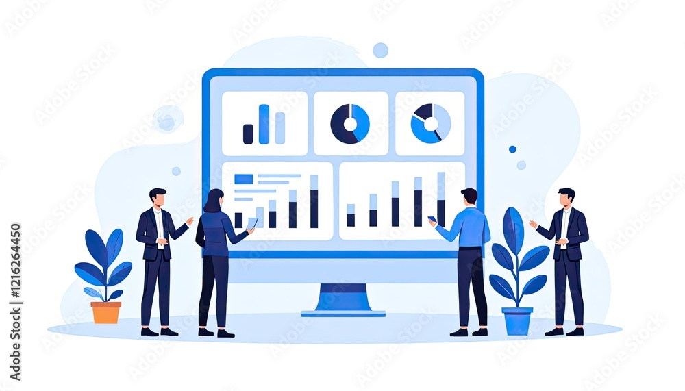 Poster business team analyzing data charts and graphs on a large computer screen.