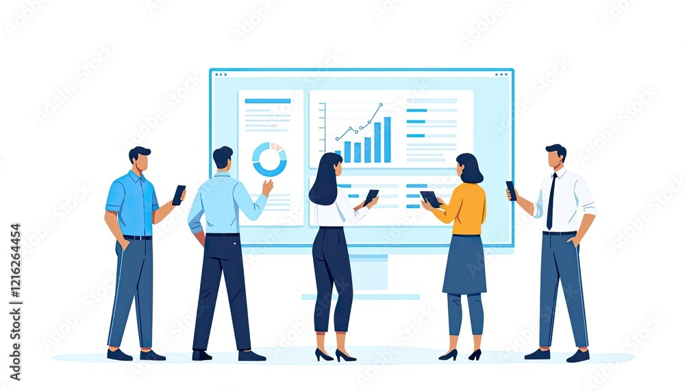 Poster business team analyzing data on a large computer screen showing graphs and charts.