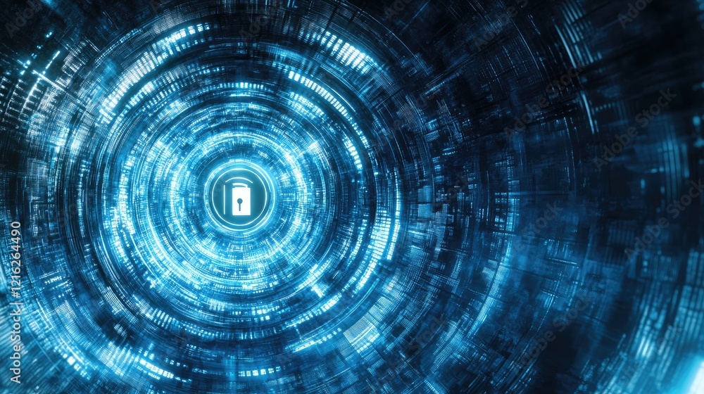 Poster a futuristic digital lock on a glowing blue background, representing encryption and network security