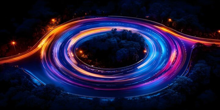 A long exposure photograph capturing swirling car lights on a winding road at night, surrounded by trees and streetlights. Concept Night Photography, Long Exposure Technique, Swirling Car Lights