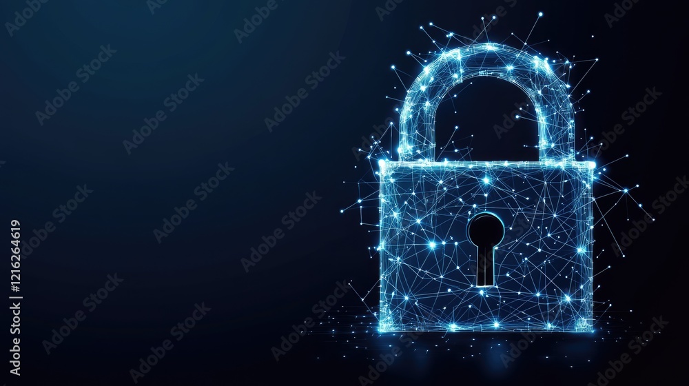 Poster a futuristic digital lock with network grid lines and glowing encryption symbols, conveying the conc