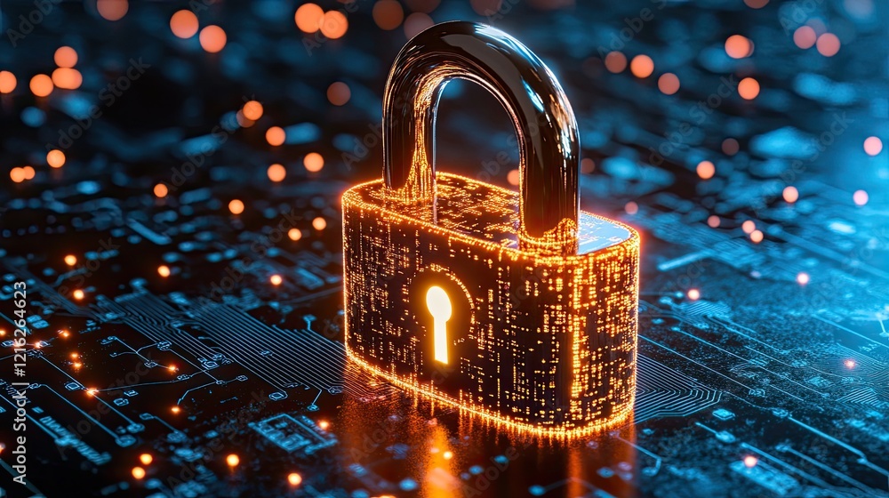 Poster a futuristic digital lock on a glowing blue background, representing encryption and network security