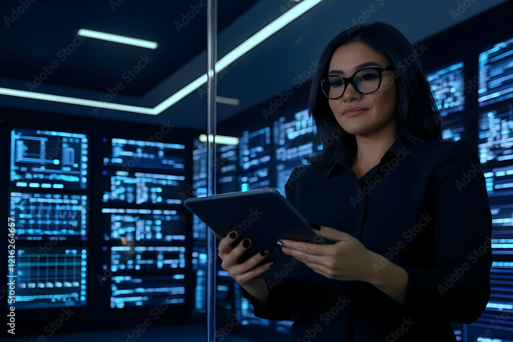 Poster it specialist analyzes data on tablet in server room, monitoring network security efficiently