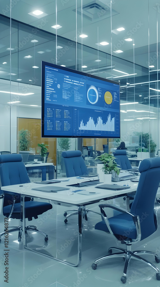 Poster modern office meeting room shows data visualization on large screen display clearly and effectively.