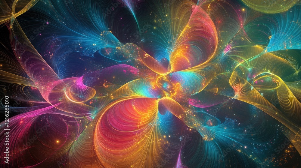 Poster a glowing, abstract visualization of a quantum field, with interconnected particles in a digital spa