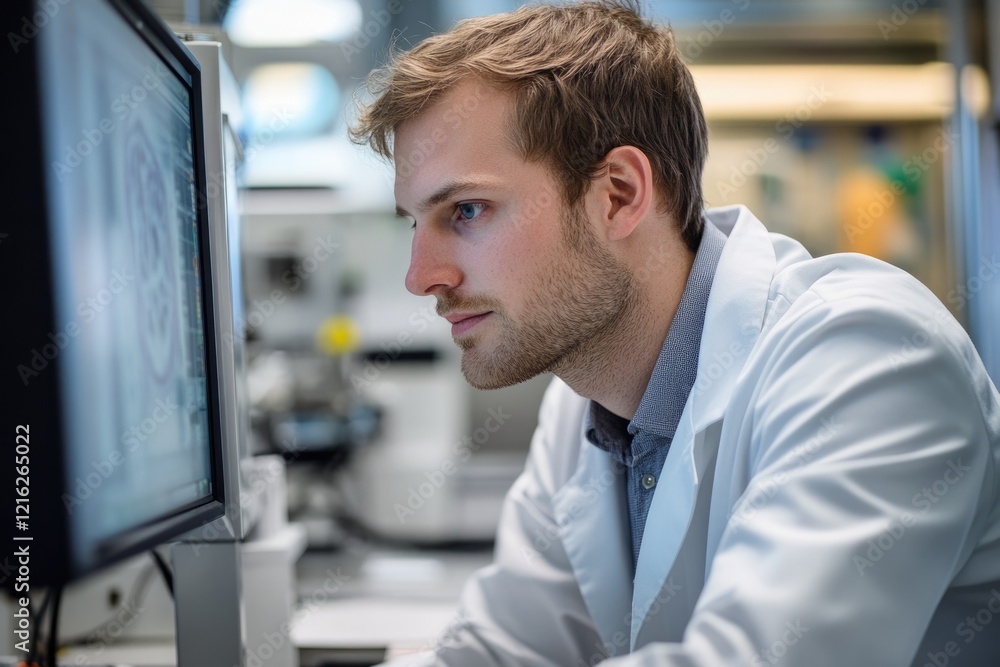 Poster a young male scientist in a lab coat intently studies data displayed on a computer monitor.