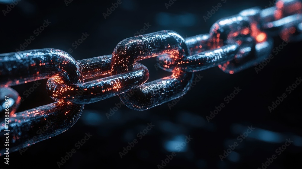 Poster a glowing blockchain ledger, with digital blocks secured by encrypted chains, against a dark, modern