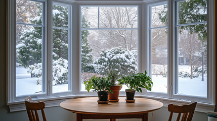 New bay window installation overlooking a snowy backyard with greenery