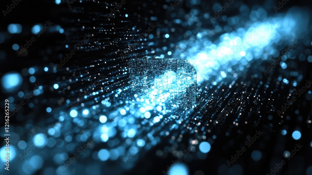 Poster a glowing data stream crossing a digital padlock, illustrating secure data transfer and cybersecurit