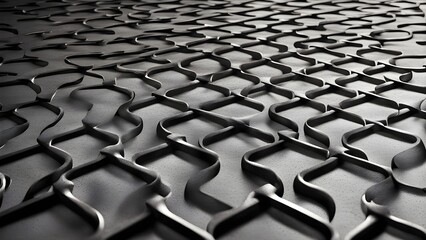 Fototapeta premium Abstract grayscale image of a wavy, interconnected metallic grid pattern.