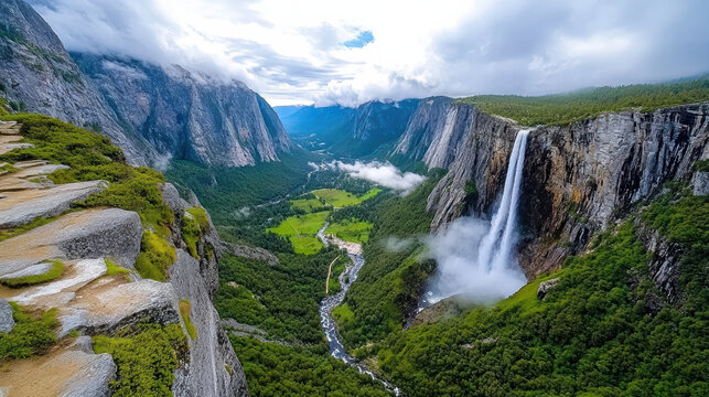 Breathtaking waterfall cascading into misty valley surrounded by mountains