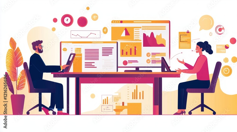 Poster marketing research data technology. collaborative data analysis professionals working.