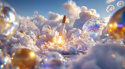rocket launching through clouds with bubbles and golden spheres creates stunning visual