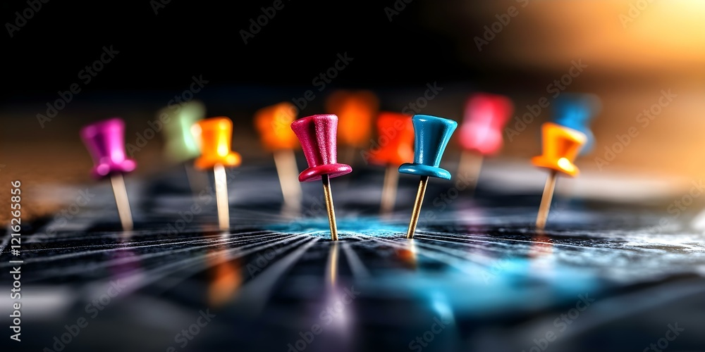 Aufkleber colorful push pins are arranged in a circular pattern on a dark surface, resembling a dartboard or t