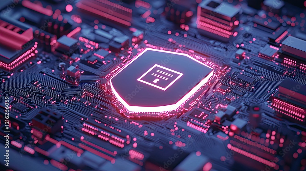 Poster a glowing shield and circuit board representing secure technology, highlighting cybersecurity protec