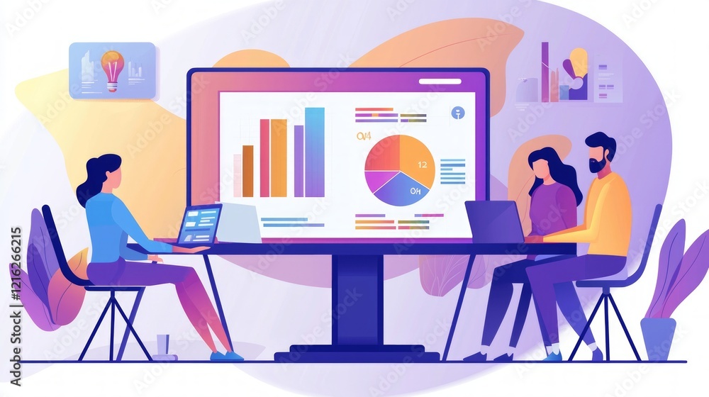 Poster marketing research data technology. data analysis team meeting collaboration charts graphs.
