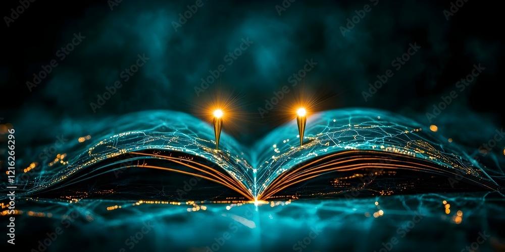 Poster an open book with glowing pages and light beams, representing knowledge and creativity in a digital 