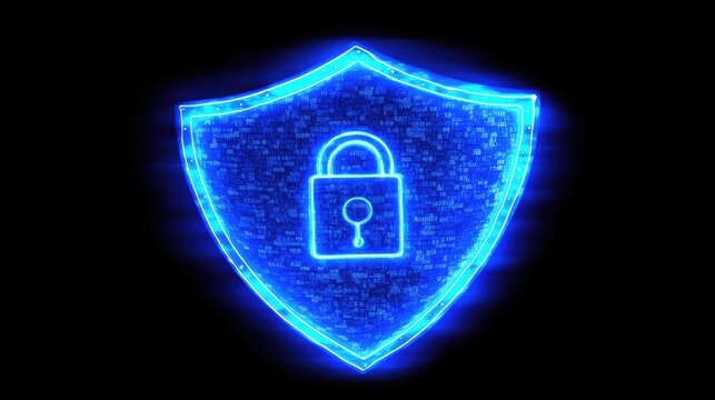 A glowing shield with binary code lines and a digital lock, symbolizing security against cyber threats.