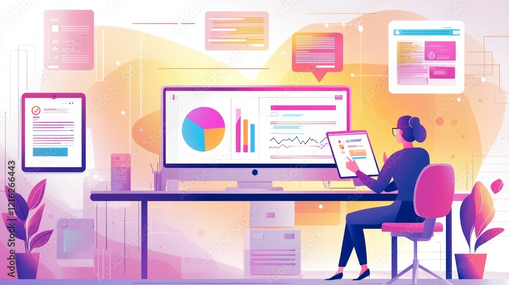 Aufkleber marketing research data technology. data analyst working with business analytics charts.