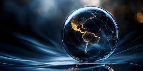 A glowing globe with illuminated continents and network lines, set against a dark, flowing background. Concept Glowing Globe Design, Illuminated Continents, Network Lines Visualization