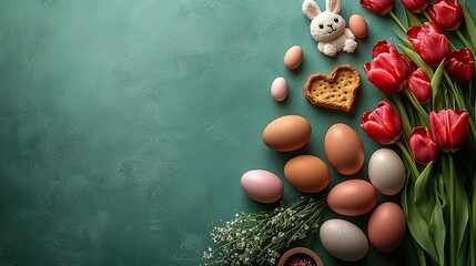 Easter preparations Eggs, pastry cutter, bunny snack, and tulips on green with space for text