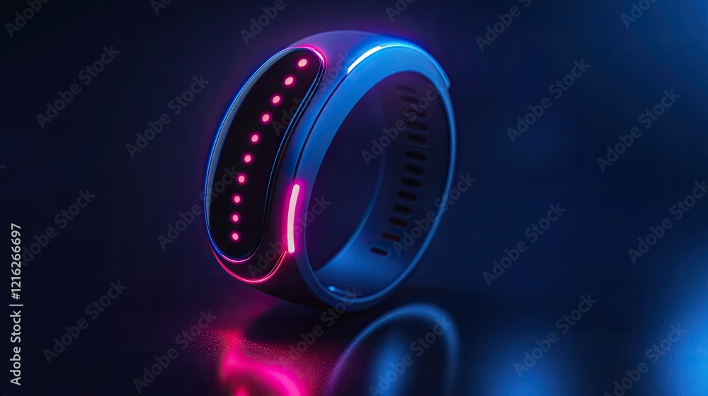 Poster a modern smart fitness tracker on a table with glowing indicators, tracking steps and distance. empt