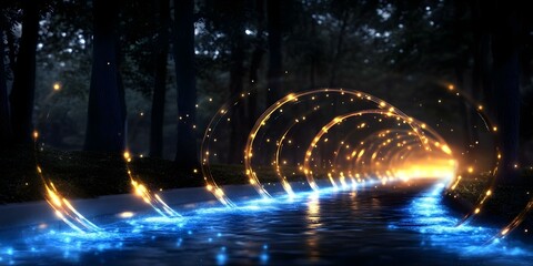 A serene dark forest scene featuring a glowing stream with sparkling blue and golden light effects. Concept Dark Forest Ambience, Glowing Stream, Blue and Golden Light Effects, Serene Nature Scene