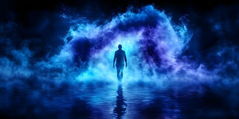 A silhouetted figure walks towards a glowing, colorful mist over water, creating a mystical and ethereal atmosphere. Concept Ethereal Atmosphere, Mystical Waters, Colorful Mist, Silhouetted Figure
