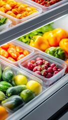 A beautifully lit freezer drawer filled with fresh fruits, vibrant vegetables, and delicious frozen meals.