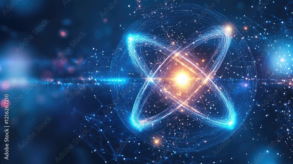 Poster a quantum state representation with particles suspended in space, glowing and interacting with digit