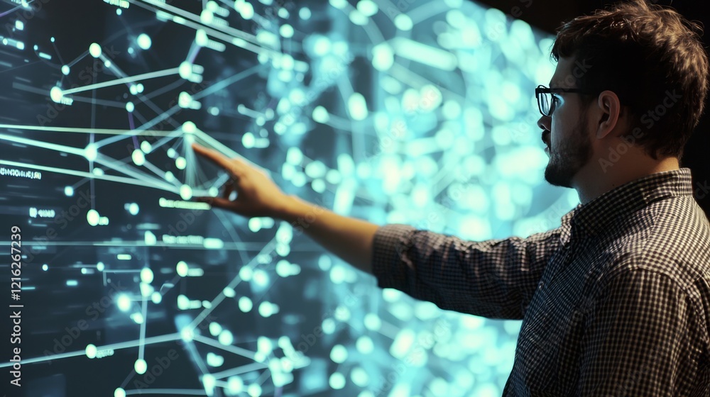 Poster marketing research data technology. man interacting with digital network visualization.