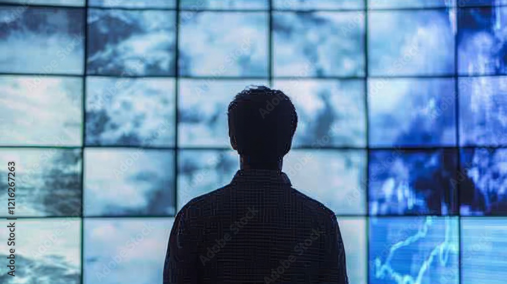 Aufkleber marketing research data technology. man observing data streams on a large screen wall.