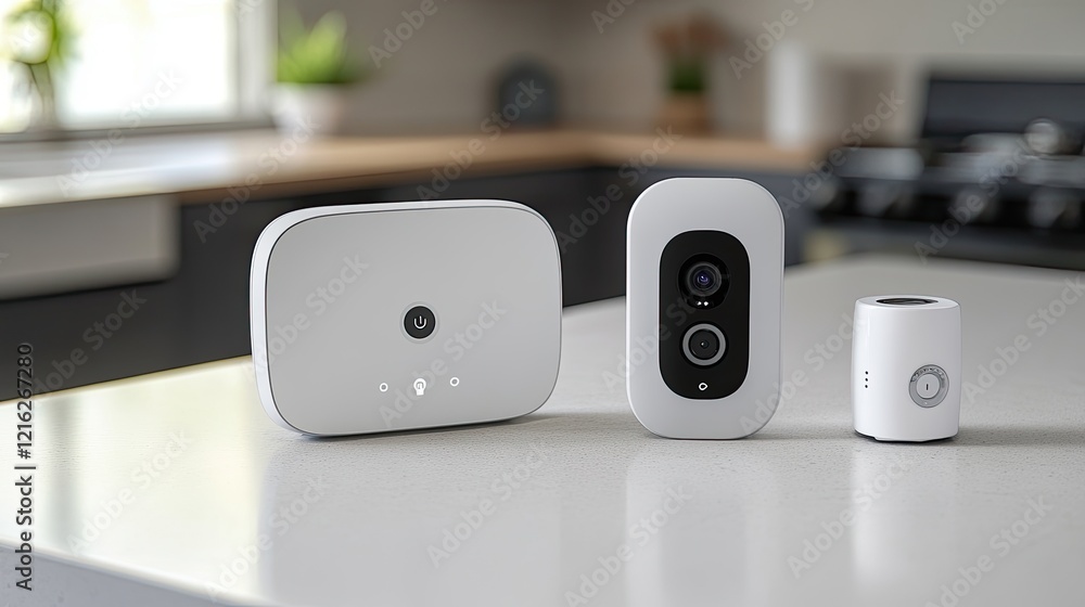 Poster a set of smart home devices, including a thermostat, security camera, and smart plug on a countertop
