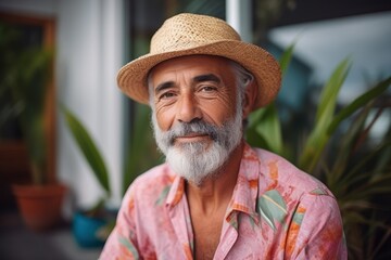 Fototapeta premium A man with a straw hat and a pink shirt is smiling