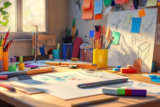 A vibrant creative workspace is bustling with activity, showcasing a variety of sketches, colorful sticky notes, and a collection of artistic tools scattered across a sunlit table